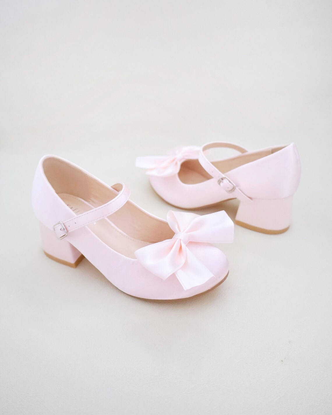 Dusty Pink Girls Satin Mary Jane Block Heel With Front Satin Bow ...