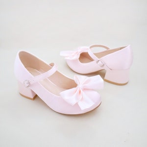 Dusty Pink Girls Satin Mary Jane Block Heel With Front Satin Bow ...