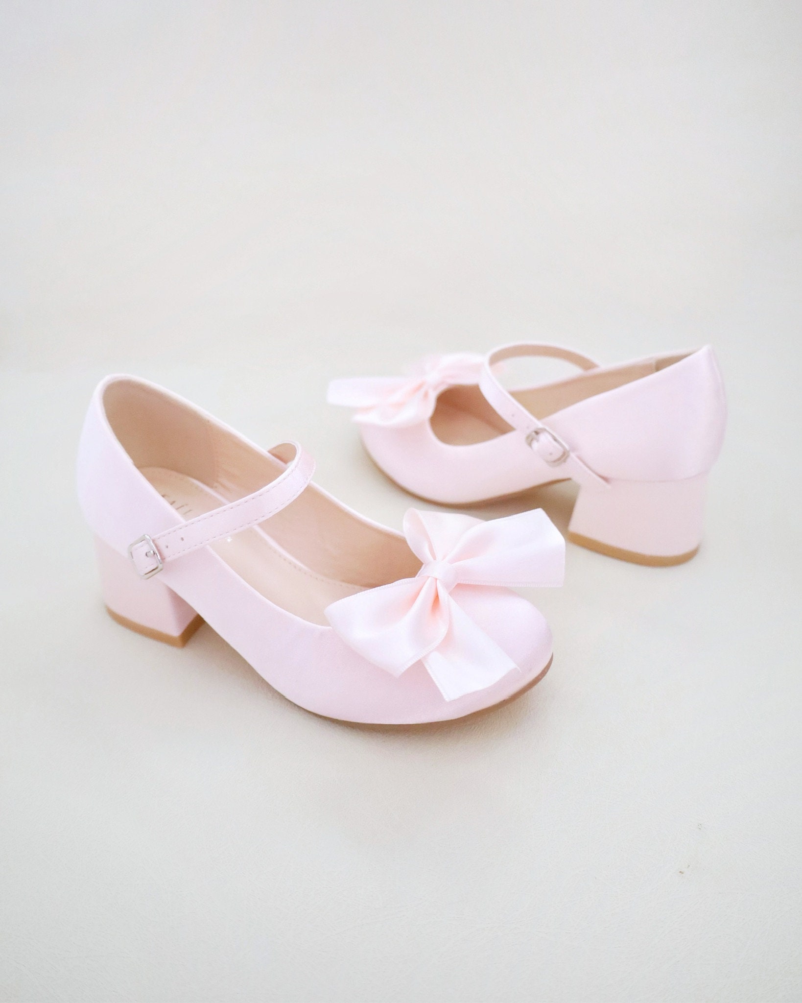 Dusty Pink Girls Satin Mary Jane Block Heel With Front Satin Bow ...