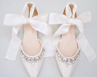 Ivory Pointy Toe Flats with Sparkly TEARDROP RHINESTONES, Fall Wedding Shoes, Satin Shoes, Bridal Shoes, Ivory Bride Shoes, Bridal Flats