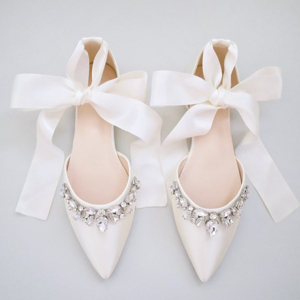 Ivory Pointy Toe Flats with Sparkly TEARDROP RHINESTONES, Fall Wedding Shoes, Satin Shoes, Bridal Shoes, Ivory Bride Shoes, Bridal Flats