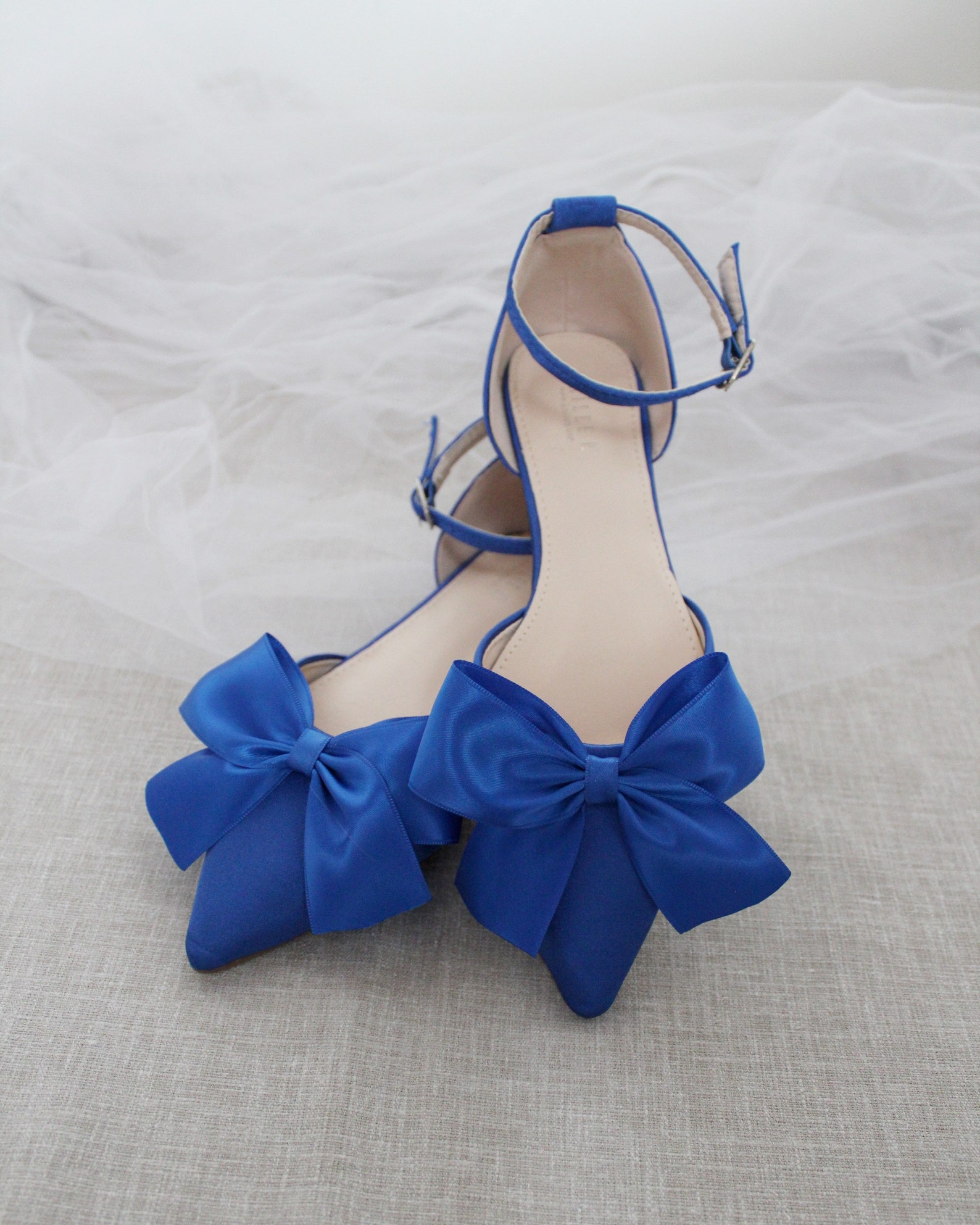 Royal Blue Pointy Toe Flats With FRONT SATIN BOW, Women Wedding Shoes ...
