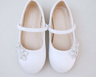 White & Ivory Satin Mary Jane Flats with Rhinestones Chassia Flower perfect for Weddings, Flower Girls shoes, Baptism shoes, Communion shoes