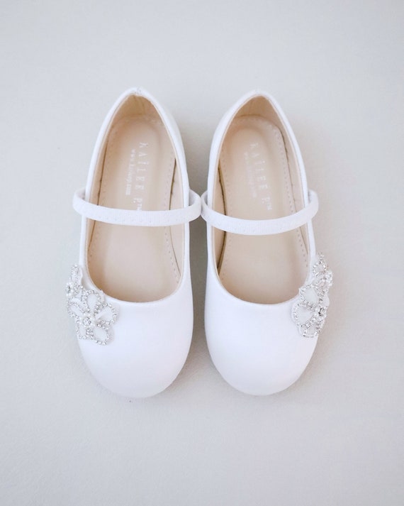 White & Ivory Satin Mary Jane Flats With Rhinestones Chassia