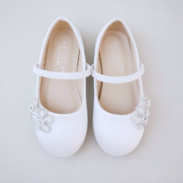 White & Ivory Satin Mary Jane Flats with Rhinestones Chassia Flower perfect for Weddings, Flower Girls shoes, Baptism shoes, Communion shoes