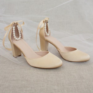 Champagne Satin Block Heel with All Pearls Ankle Strap, Women Wedding Shoes, Bridal Shoes, Bridal Heels, Bride Heels