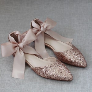 Rose Gold Rock Glitter Pointy Toe Flats With Blush Satin ANKLE TIE or ...