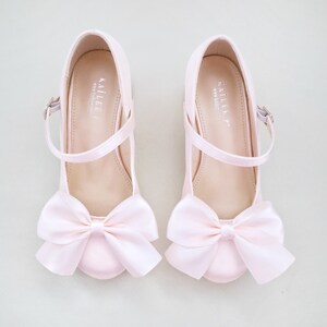 Dusty Pink Girls Satin Mary Jane Block Heel With Front Satin Bow ...