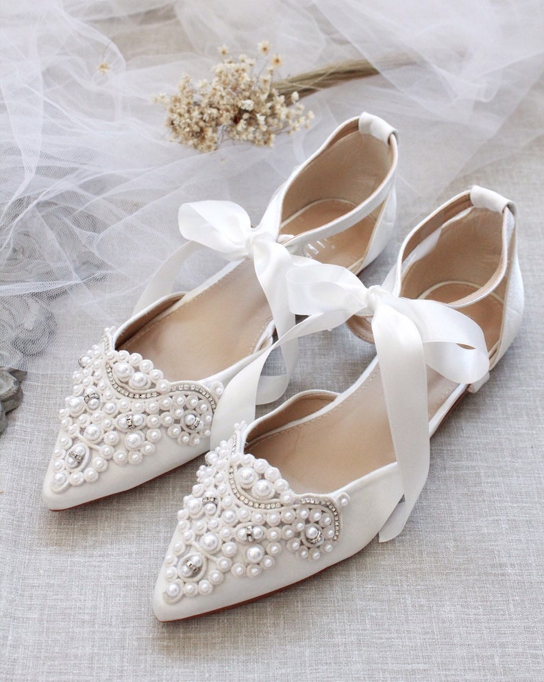 WHITE SATIN Pointy Toe flats with OVERSIZED pearls and image 0