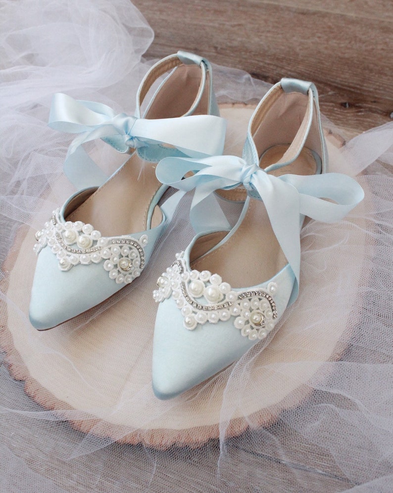 LIGHT BLUE SATIN Pointy Toe flats with pearls and rhinestones image 0