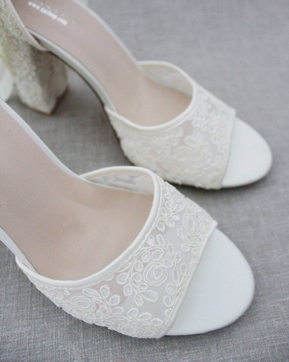 Buy White Ivory Crochet Lace Block Heel Sandals With Ballerina