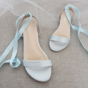 Light Blue Satin Flat Sandal With Ballerina Lace Up Bridesmaid