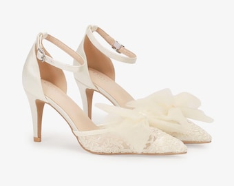 Ivory Crochet Lace Pointy toe HEELS with Front TULLE Bow, Women Wedding Shoes, Bridesmaid Shoes, Bridal Heels, Women Heels, Prom Shoes