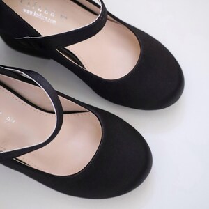 Black Satin Mary Jane Girls Block Heel With Back Satin Bow, Flower ...