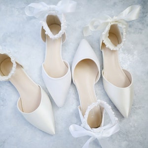 White & Ivory Satin Pointy Toe Wedding Flats with Perla Ankle Strap, Women Wedding Shoes, Bridal Shoes, Bridal Flats, White Shoes image 1