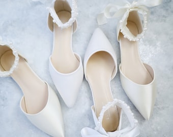 White & Ivory Satin Pointy Toe Wedding Flats with Perla Ankle Strap, Women Wedding Shoes, Bridal Shoes, Bridal Flats, White Shoes