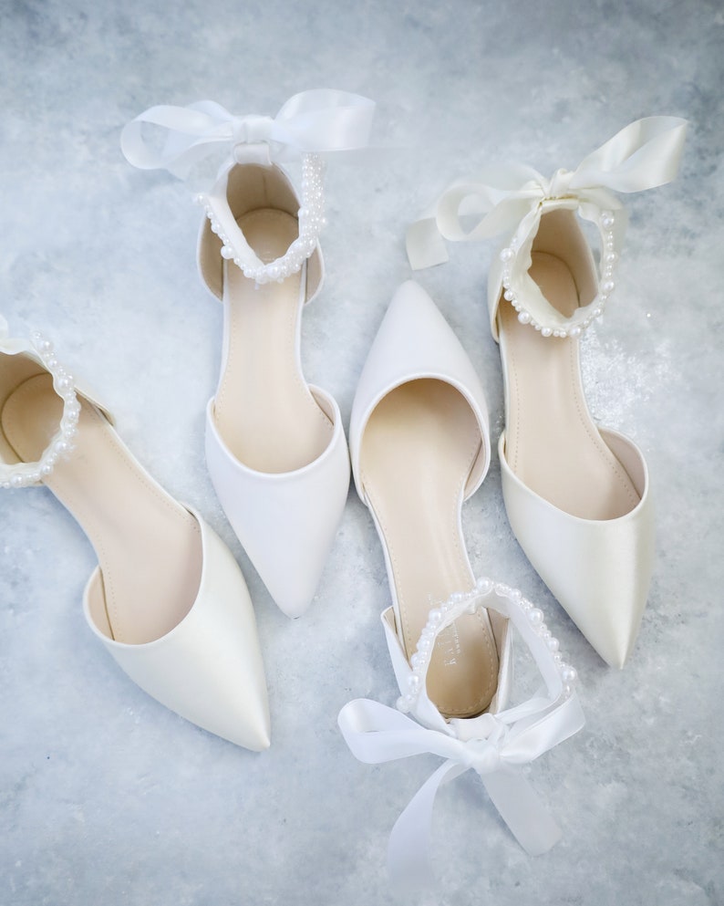 White & Ivory Satin Pointy Toe Wedding Flats with Perla Ankle Strap, Women Wedding Shoes, Bridal Shoes, Bridal Flats, White Shoes image 1