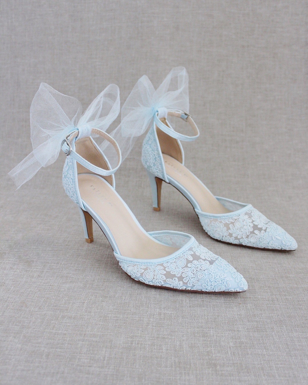 Light Blue Crochet Lace Pointy Toe Heels With Tulle Back Bow, Women ...
