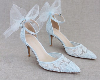 Light Blue Crochet Lace Pointy toe Heels with Tulle Back Bow, Women Wedding Shoes, Bridesmaid Shoes