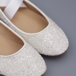 White Rock Glitter Flats with SATIN RIBBON Women White Wedding Shoes Bride Shoes, Bridesmaids Shoes, Party Shoes, Holiday Shoes image 6