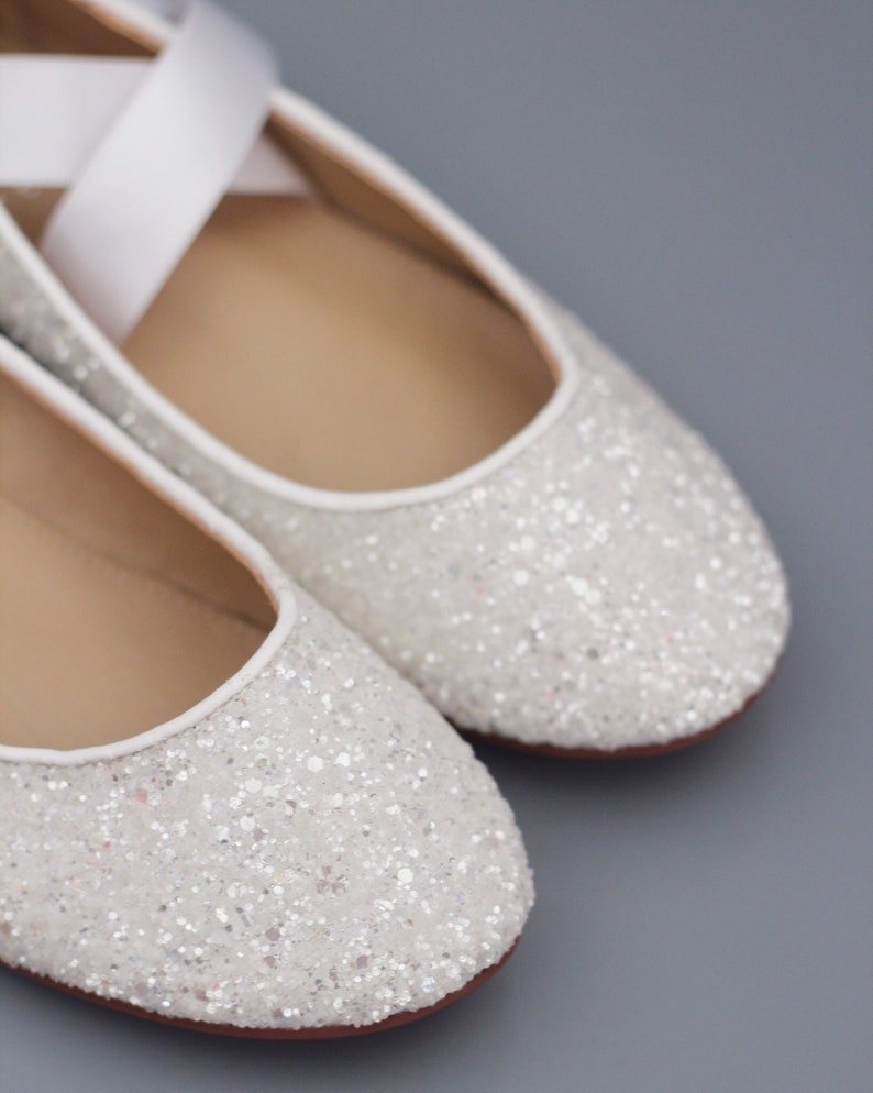 White Rock Glitter Flats with SATIN RIBBON Women White Wedding Shoes Bride Shoes, Bridesmaids Shoes, Party Shoes, Holiday Shoes image 6