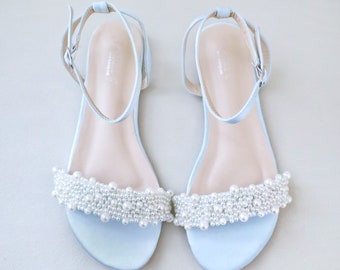 Light Blue Satin Flat Sandal with Perla Applique, Bridesmaid Shoes, Women Sandals, Kids Sandals, Mommy and Me Shoes, Something Blue