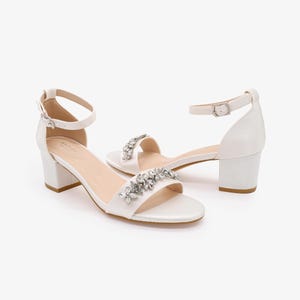White Satin Block Heel Sandals with FLORAL RHINESTONES on Upper Strap, Flower Girls Shoes, Jr.Bridesmaid Shoes, Wedding Sandals, Women Shoes image 6