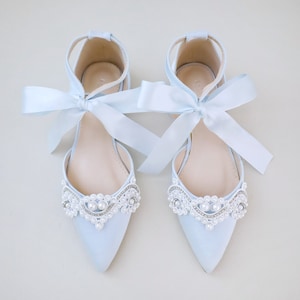 Light Blue Satin Pointy Toe Flats with SMALL PEARLS APPLIQUE and Satin Tie , Women Wedding Shoes, Something Blue, Wedding Flats, Satin Flats