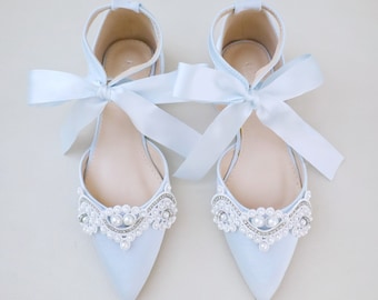 Light Blue Satin Pointy Toe Flats with SMALL PEARLS APPLIQUE and Satin Tie , Women Wedding Shoes, Something Blue, Wedding Flats, Satin Flats