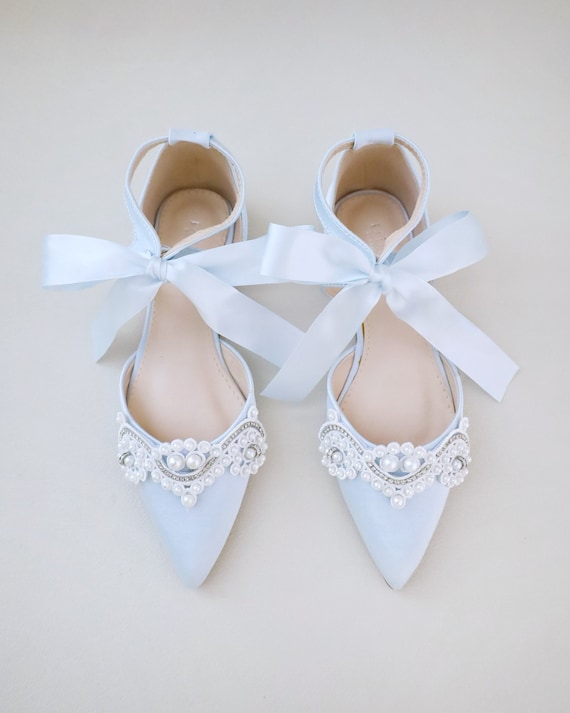 Light Blue Satin Pointy Toe Flats With SMALL PEARLS APPLIQUE and