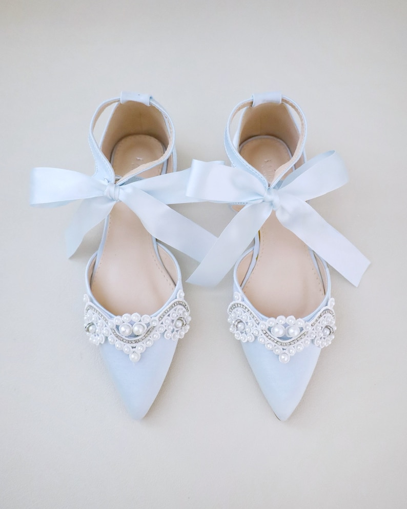 Light Blue Satin Pointy Toe Flats with SMALL PEARLS APPLIQUE and Satin Tie , Women Wedding Shoes, Something Blue, Wedding Flats, Satin Flats image 1
