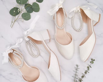 White & Ivory Lace Round Toe Low Block Heel Wedding Shoes with Double Pearls Ankle Strap, Wedding Lace Shoes, Bridal Flats, Bridal Shoes