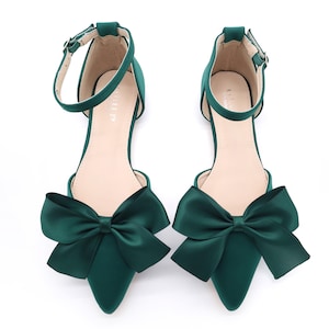 Hunter Green Satin Pointy Toe flats with Front Satin Bow, Fall Wedding Shoes, Holiday Shoes, Bridal Shoes, Bridesmaid Shoes, Women Shoes