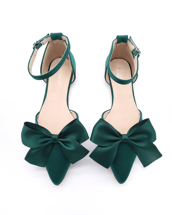 Hunter Green Satin Pointy Toe flats with Front Satin Bow, Fall Wedding Shoes, Holiday Shoes, Bridal Shoes, Bridesmaid Shoes, Women Shoes