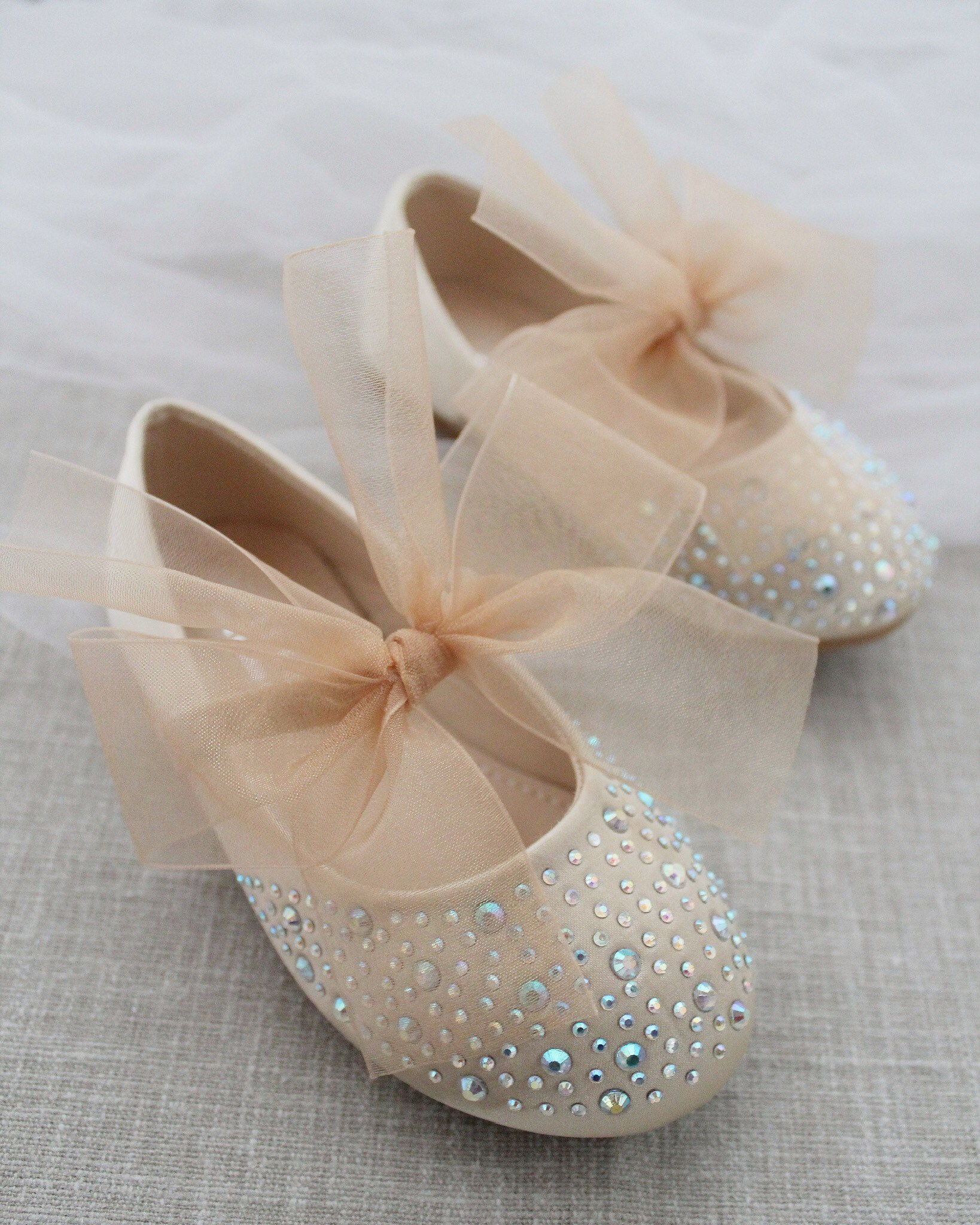 Champagne Satin Mary Jane Flats With CHIFFON BOW and Rhinestones, Fall ...