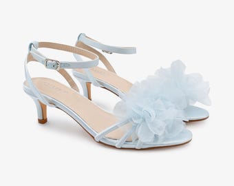 Light Blue Satin Ankle Strap Low Heel Sandals with with Ophelia Flowers, Wedding Shoes, Bridesmaid Shoes, Something Blue, Kitten Heels