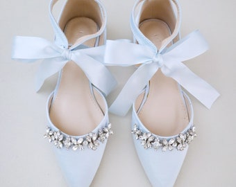 Light Blue Satin Pointy Toe flats with FLORAL RHINESTONES and Satin Tie, Women Wedding Shoes, Bridesmaid Shoes, Something Blue, Bridal Shoes