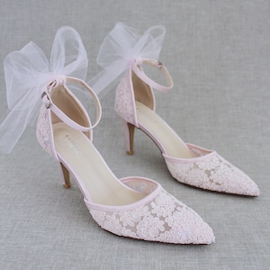 Dusty Pink Crochet Lace Pointy toe Heels with Tulle Back Bow, Women Wedding Shoes, Bridesmaid Shoes
