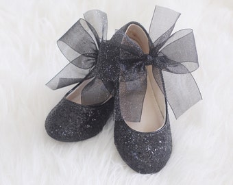 KIDS SHOES | Black Rock Glitter Mary-Jane with Chiffon Ribbon Bow for Flower Girls, Toddler Shoes, Holiday Shoes, Fall Girls Shoes