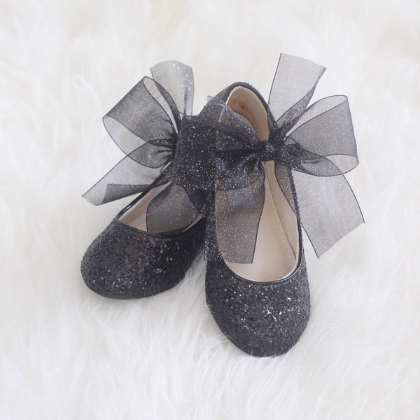 KIDS SHOES | Black Rock Glitter Mary-Jane with Chiffon Ribbon Bow for Flower Girls, Toddler Shoes, Holiday Shoes, Fall Girls Shoes