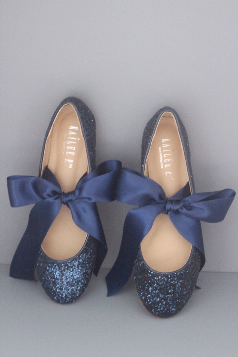 Navy Blue Rock Glitter flats with Satin Tie or Ballerina Lace | Etsy