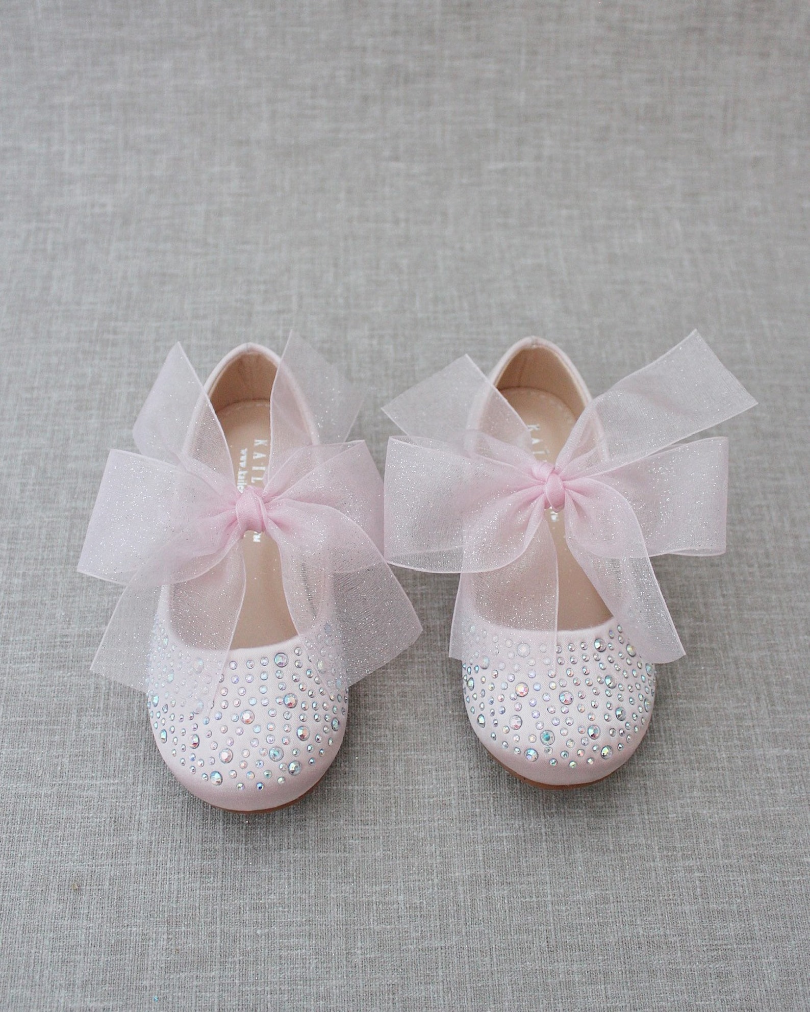 Dusty Pink Satin Mary Jane Flats With CHIFFON BOW and Rhinestones, for ...