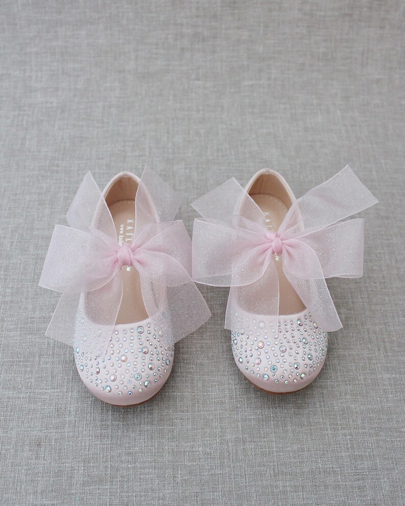 Dusty Pink Satin Mary Jane Flats With CHIFFON BOW and Rhinestones, for ...