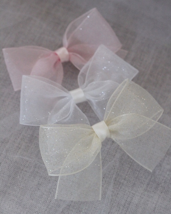 Long Tail Tulle Bow Hair Clip - Bow Hair Clips, Flower Girls Bow Ivory