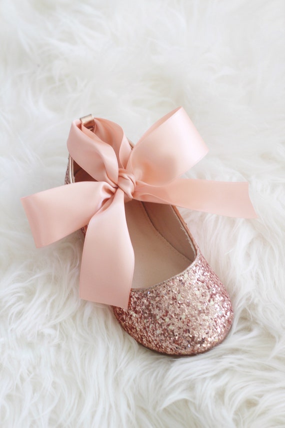 Girls Kids Pink Peach Glitter Sparkly Ballerina Flat Party Shoes Flower Girl