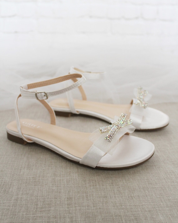 White Satin Flat Sandal With Mesh Mini RHINESTONES Bow, Bridesmaid