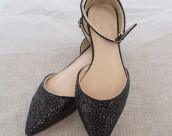 Ankle Strap Navy Sparkle Flats Black Rock Glitter Pointy Toe Flats