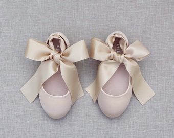 Champagne Satin Flats with Satin Ankle Tie - Flower girls shoes, Gold Shoes, Fall Wedding Shoes, Junior Bridesmaids Shoes, Holiday Shoes