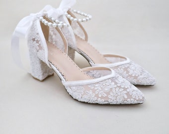 White Crochet Lace Almond Toe Block Heel with Pearl Ankle Strap - Women Wedding Shoes, Bridesmaids Shoes, Bridal Shoes, Block Heels