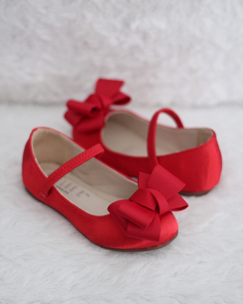 Valentines Day Shoes RED Satin Maryjane with GROSGRAIN BOW for flower girl shoes Toddler Girl Shoes